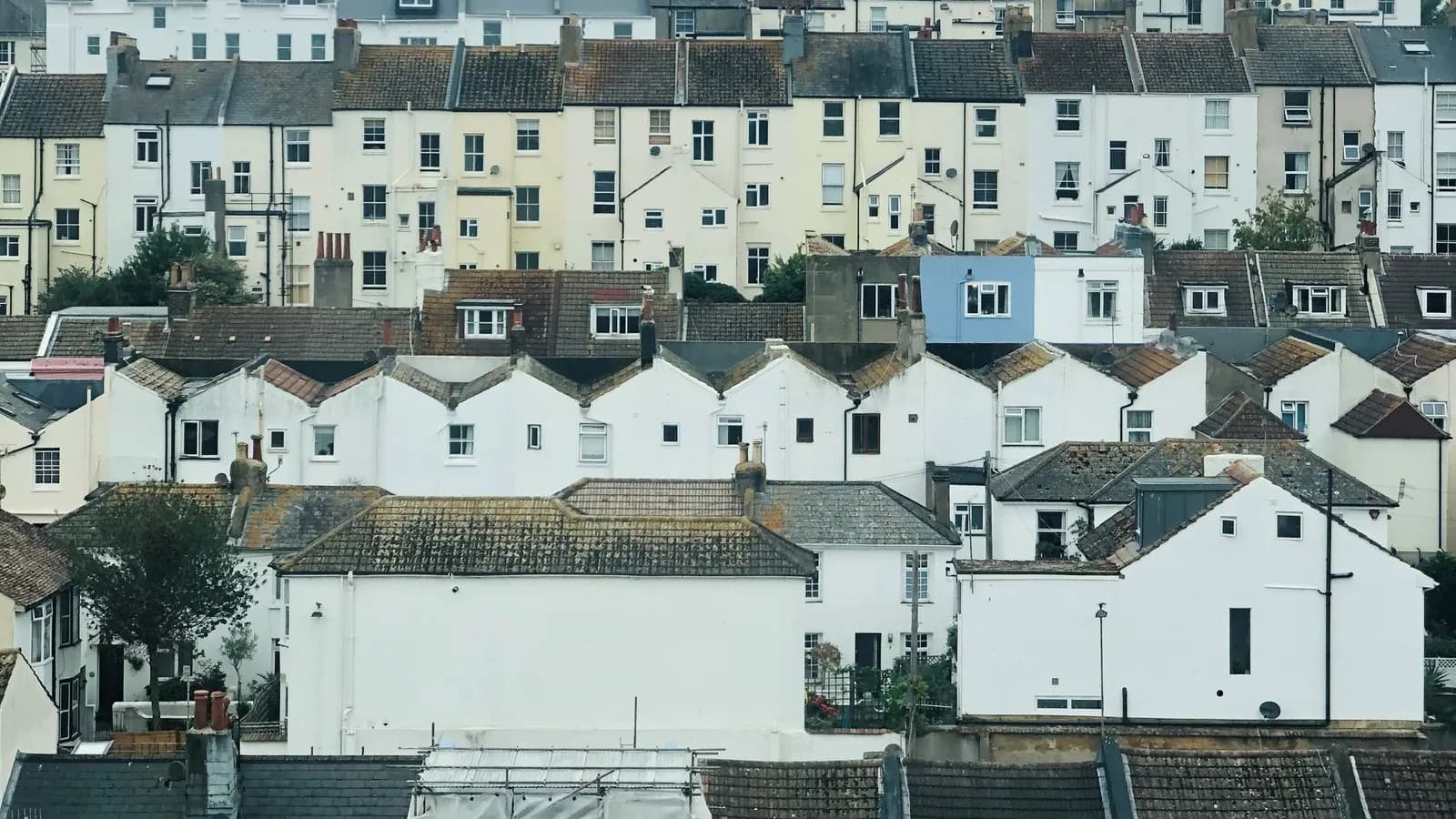 Rear elevations of rendered terraced houses stacked up a Brighton hillside, with gabled rear additions, dormers and chimney stacks in many shapes