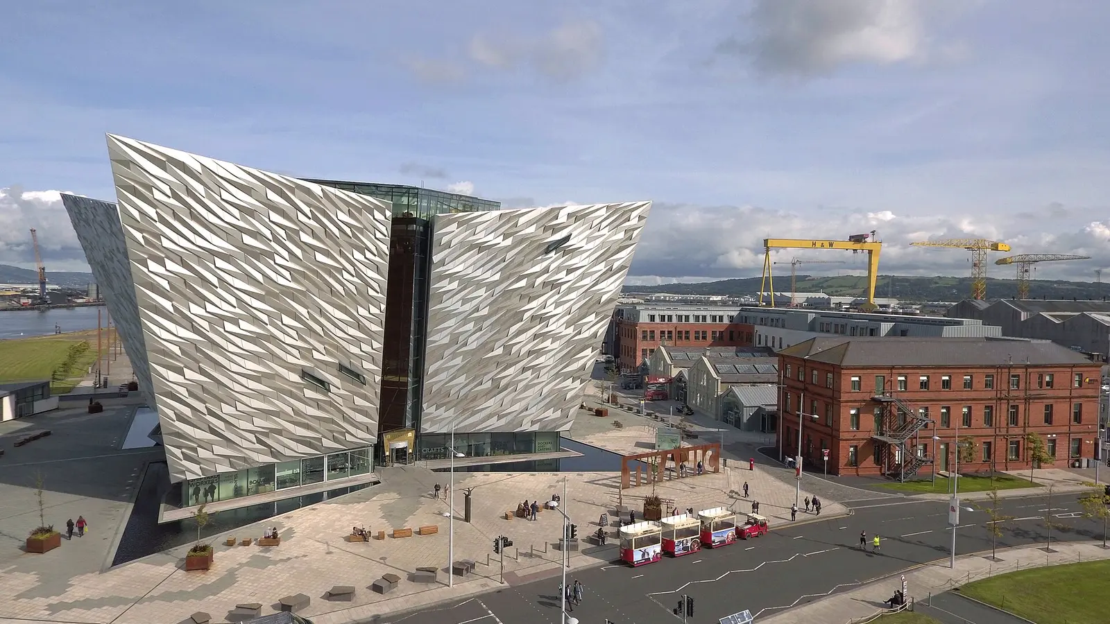 The Titanic Belfast building in the Titanic Quarter, with the Harland and Wolff cranes behind