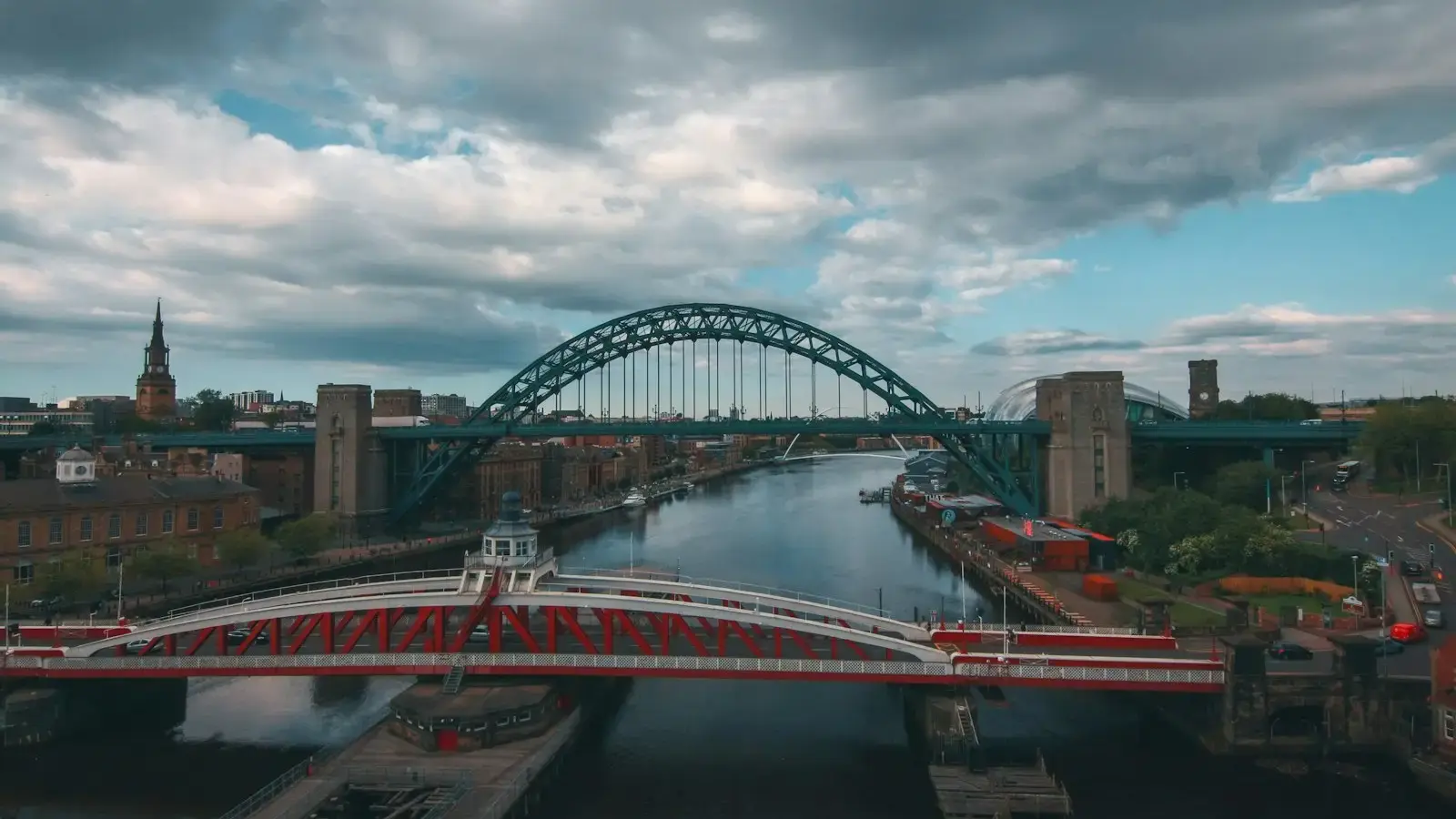 The Tyne Bridge and the Swing Bridge over the River Tyne between Newcastle and Gateshead